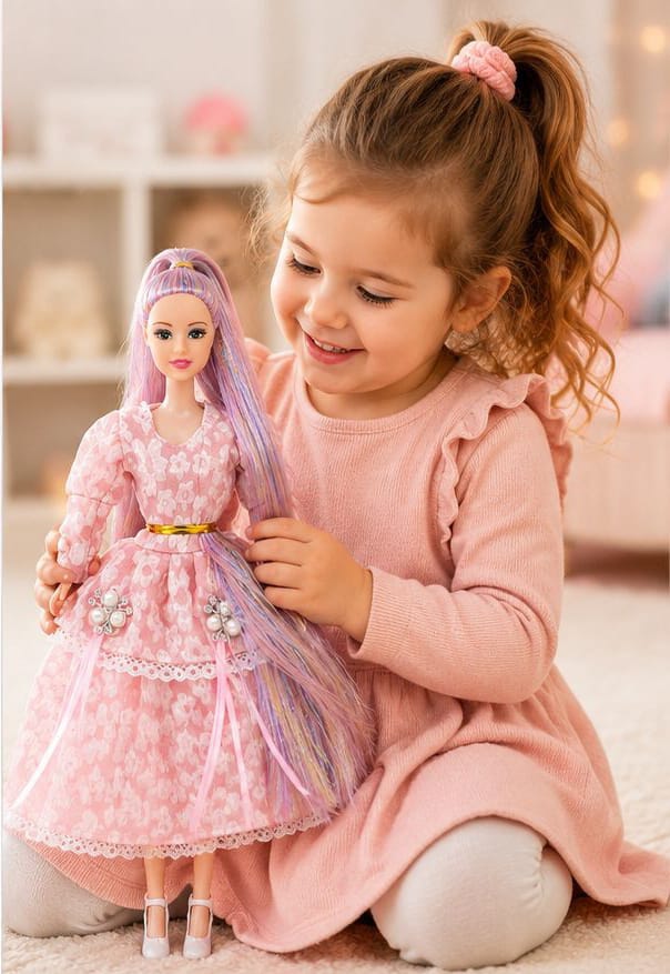 Beautiful Girl Doll features long purple-pink shiny hair.