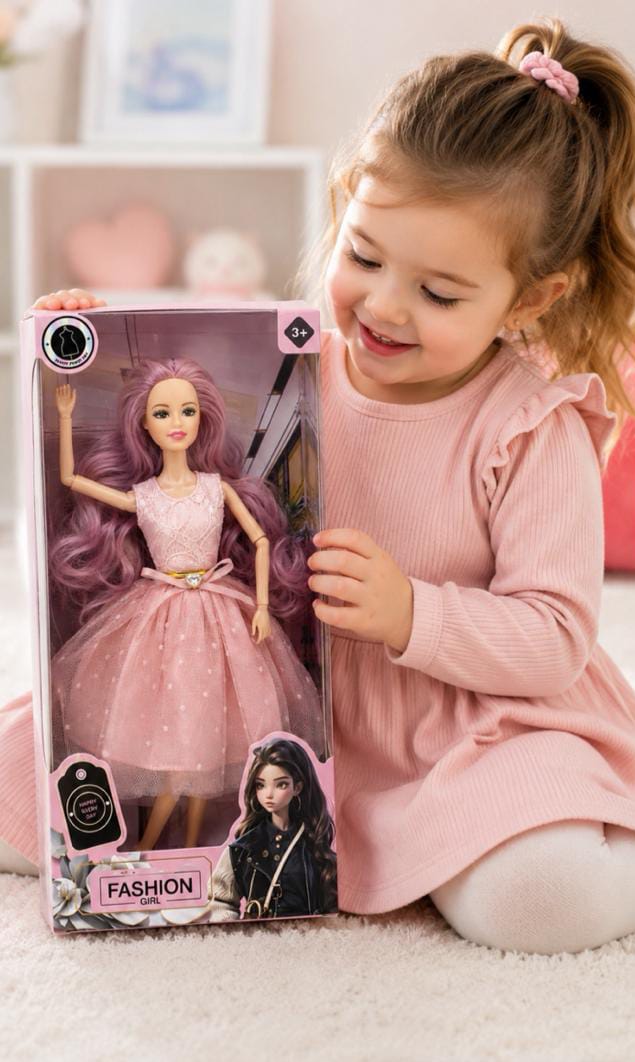 FASHION GIRL Doll has long purple wavy hair and pink tulle dress.