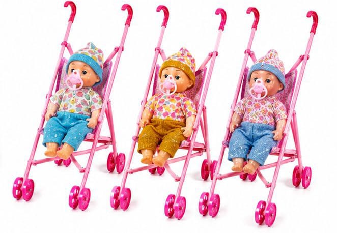 DOLL STROLLER SET includes 3 cute baby dolls and 3 foldable strollers.