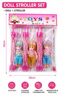 DOLL STROLLER SET includes 3 cute baby dolls and 3 foldable strollers.