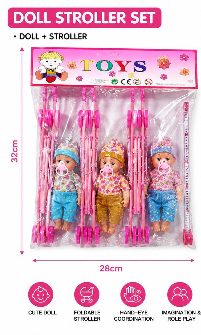 DOLL STROLLER SET includes 3 cute baby dolls and 3 foldable strollers.