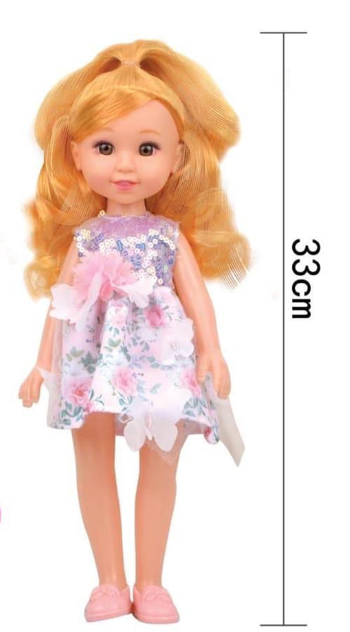 Lulu Doll wears a pink floral dress with sparkly top.