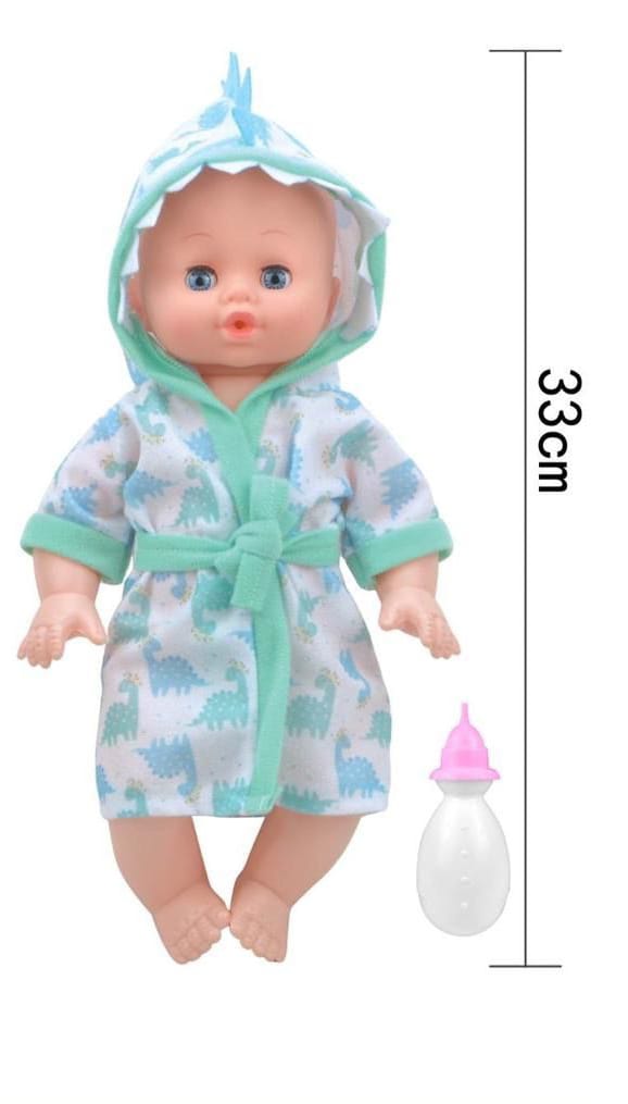 Drink Wet & Talking Baby wears a cute dinosaur robe.