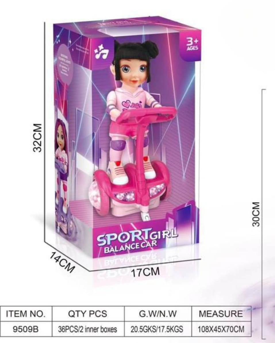 SPORTGIRL BALANCE CAR doll rides a light-up balance scooter.