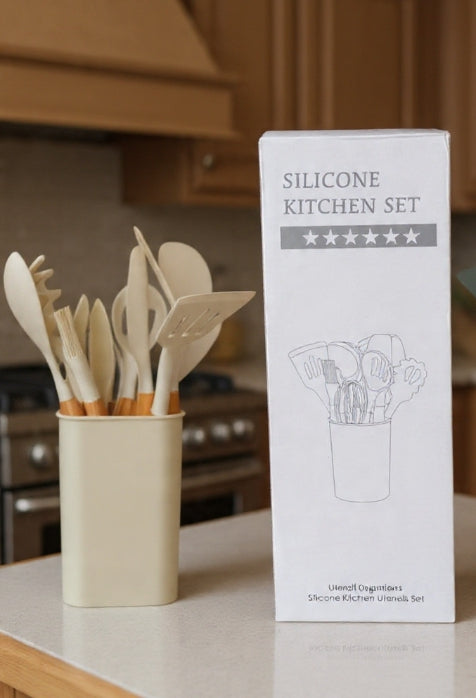 12-Piece Silicone Kitchen Utensil Set with Wooden Handles + Holder