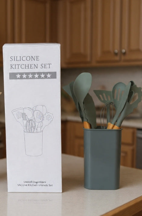12-Piece Silicone Kitchen Utensil Set with Wooden Handles + Holder